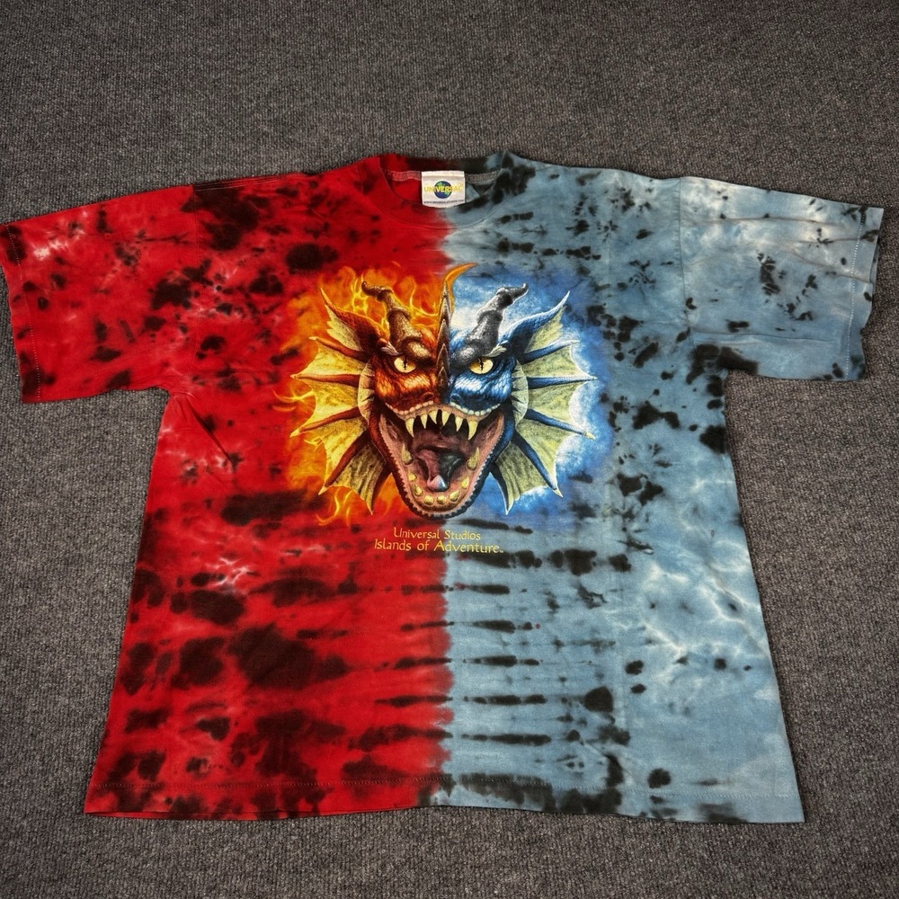 Vtg 1999 Universal Studios RARE Dueling Dragons Tie Dye L Single Stitch Shirt